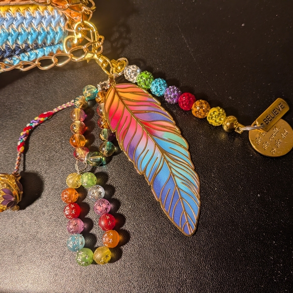 Colorful Striped Crossbody Bag with Gold Chain Including Handmade Purse Charm - Picture 3 of 4